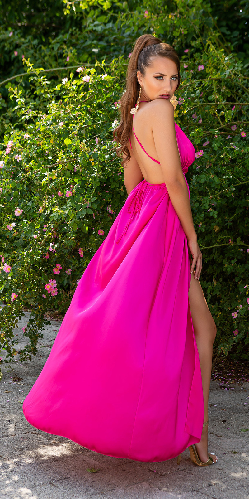 satijn-look maxi jurk met open rug roze | Sexy Kleding | Maxi jurk