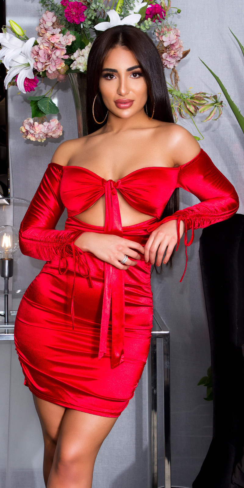 ruffled off-shoulder satijnen jurk rood | Sexy Kleding | Cocktail / Feestjurk