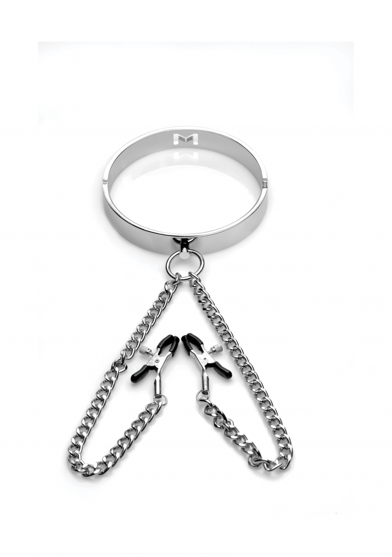 Tepelklemmen Slave Collar with Nipple Clamps - Silver