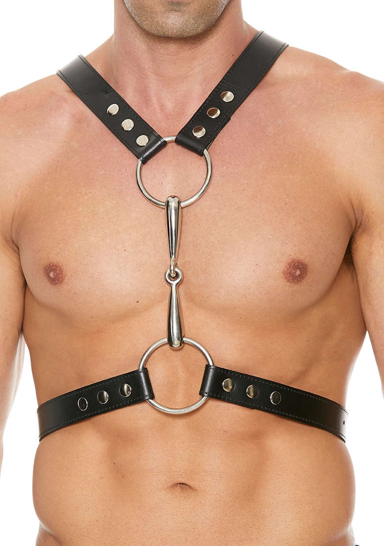 Men&apos;s Harness With Metal Bit - Premium Leather - Black